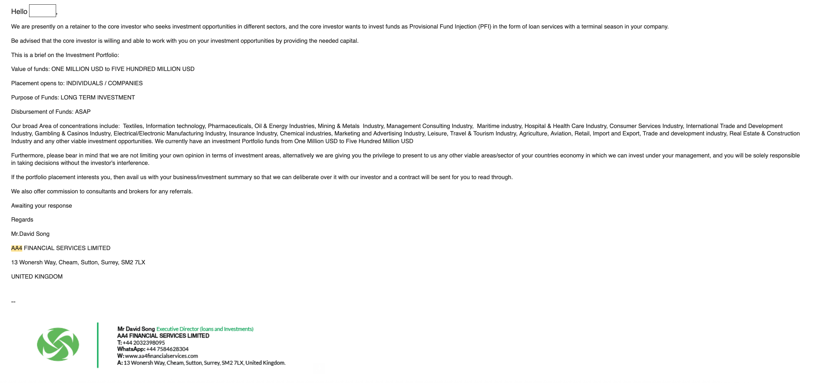 AA4 Financial Services: Advance Fee Scam Email Offering Large Investment