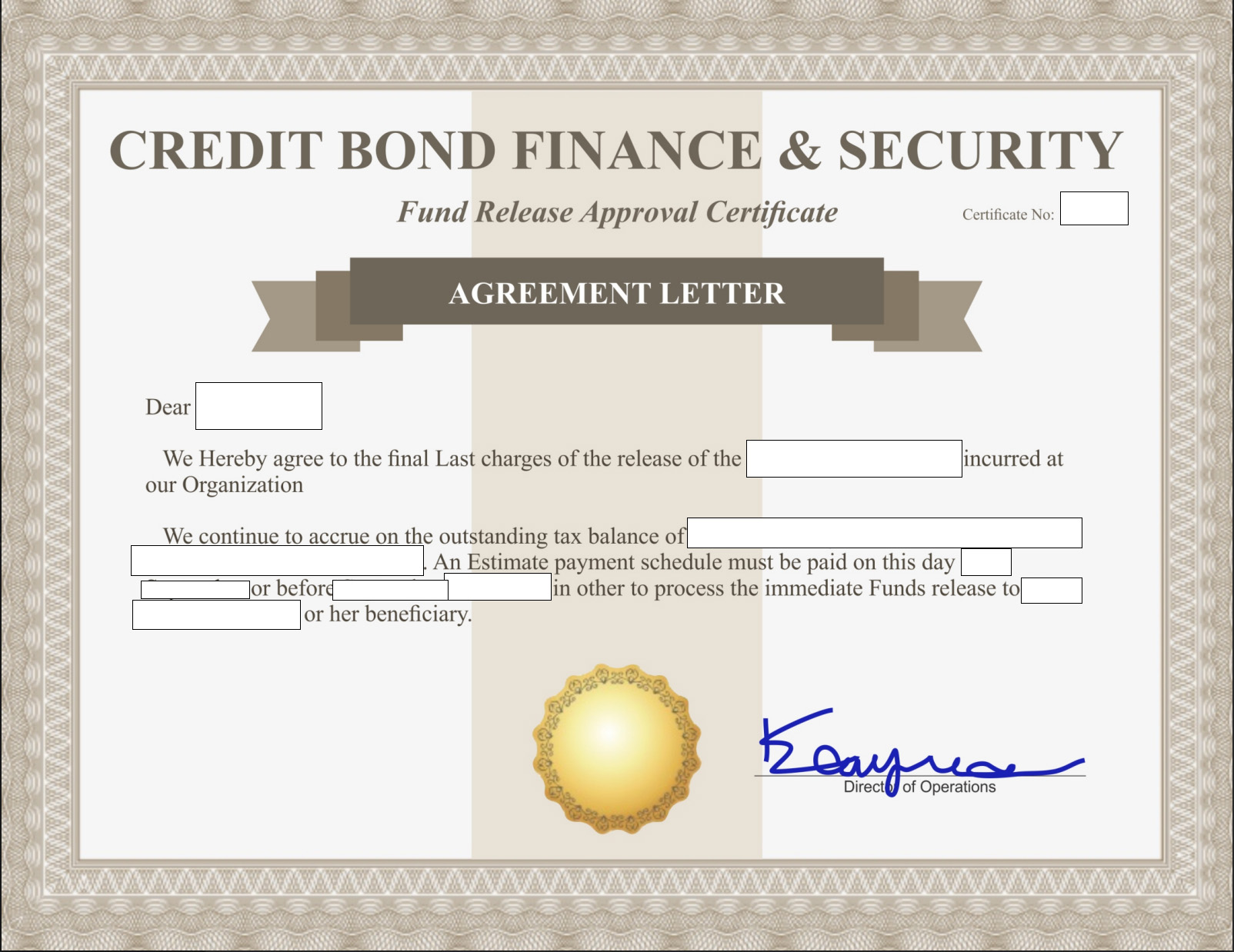 Homeland Security 'Fund Release Agreement' Fee with Fake Certificate