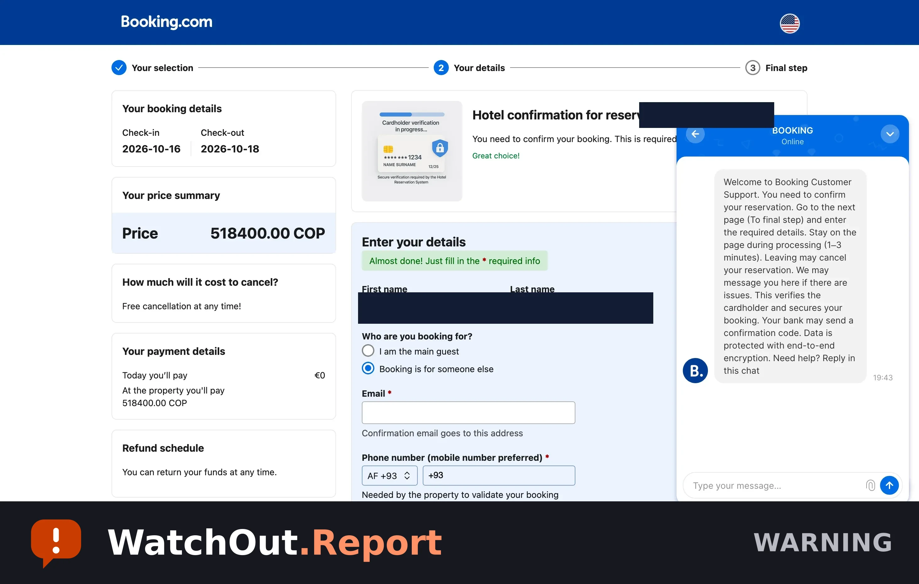 A web page copying Booking.com's checkout. A card graphic reads cardholder verification in progress, and a chat window styled as Booking customer support sits over the page.
