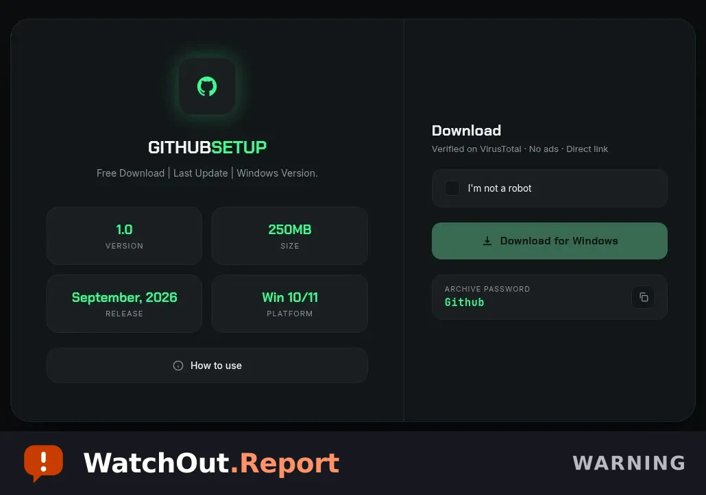 A dark web page titled GITHUBSETUP using the GitHub logo, offering a Download for Windows button, an archive password of Github, and a Verified on VirusTotal label.