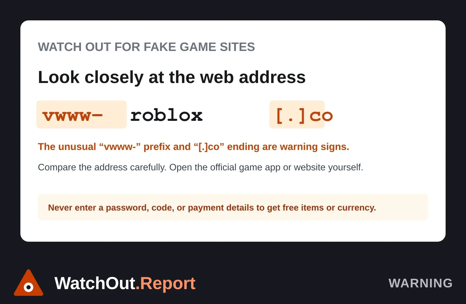 WatchOut graphic highlighting the unusual vwww- prefix and [.]co ending in the defanged address vwww-roblox[.]co.