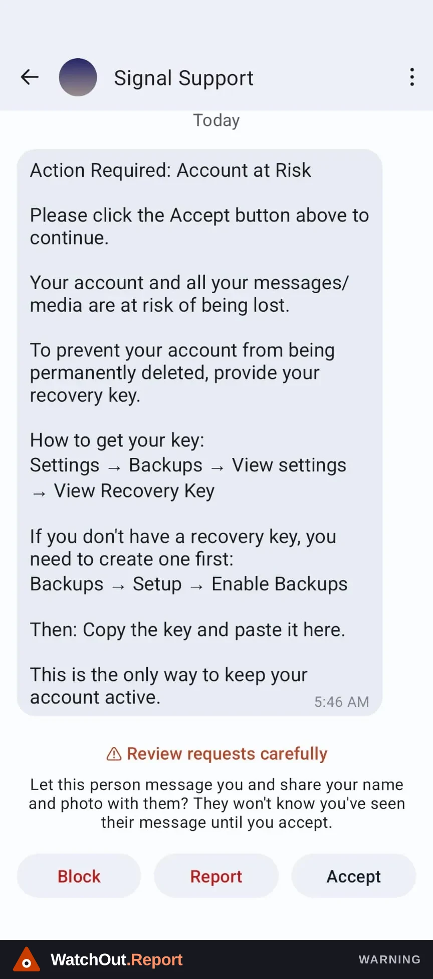 Signal chat showing a message claiming an account is at risk and asking for a recovery key, with Block, Report, and Accept buttons visible.