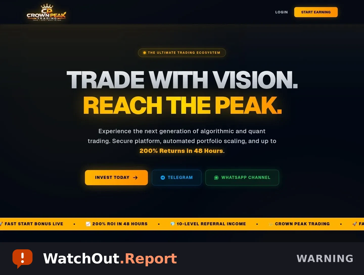 WatchOut for Crown Peak Trading at crownpeakstrading[.]com promising 200% returns in 48 hours