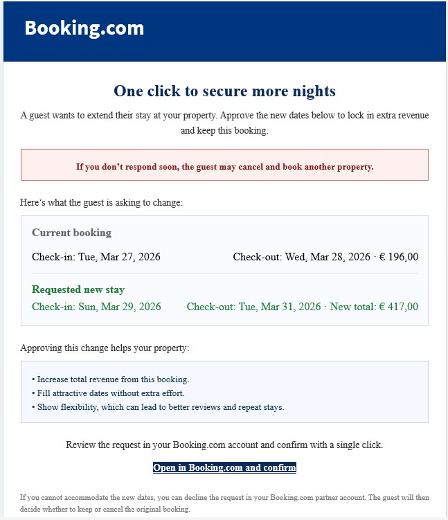 Booking.com guest wants to extend their stay email | Screenshot