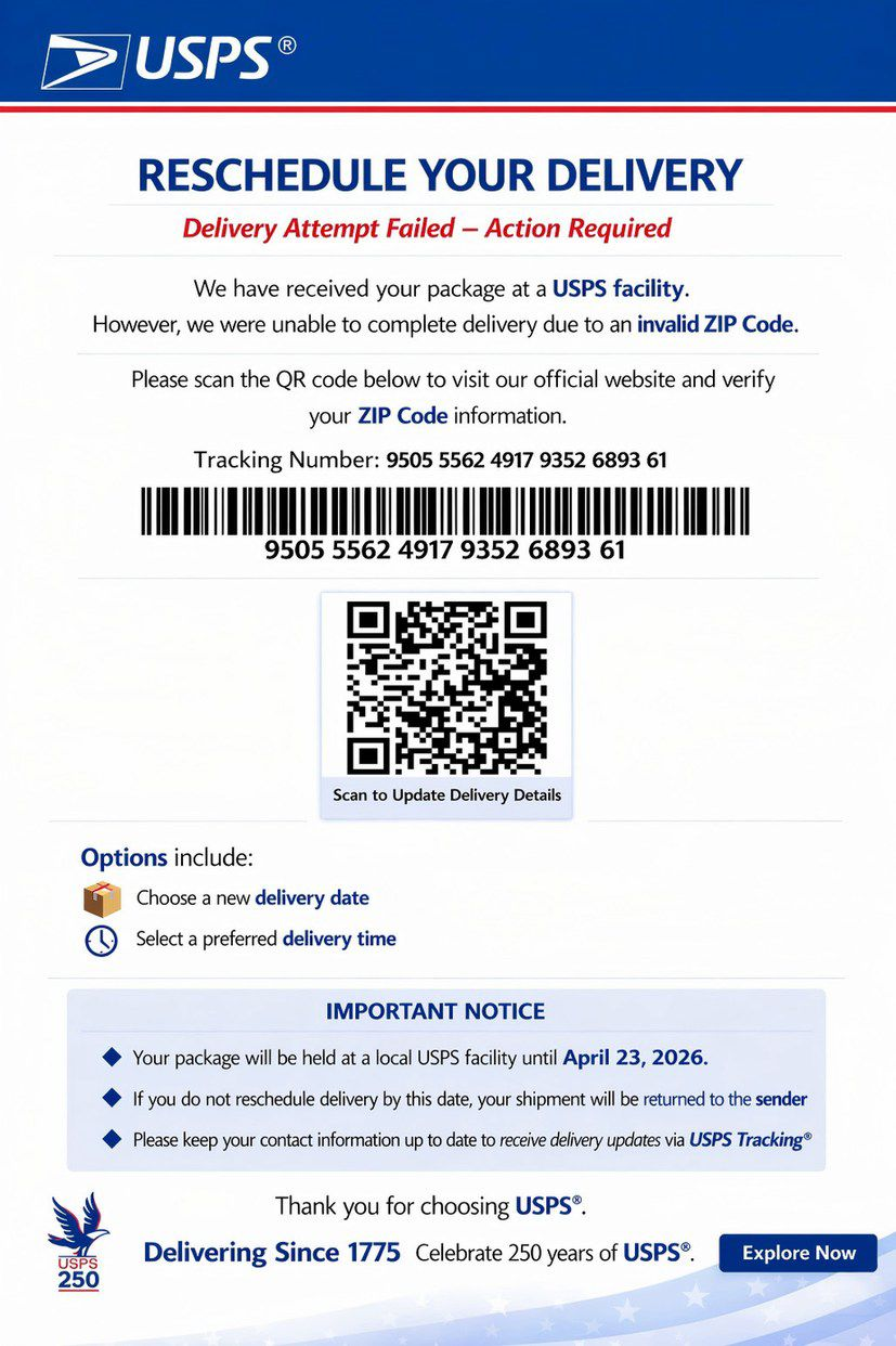 USPS Reschedule Your Delivery Text with QR Code | Screenshot 2