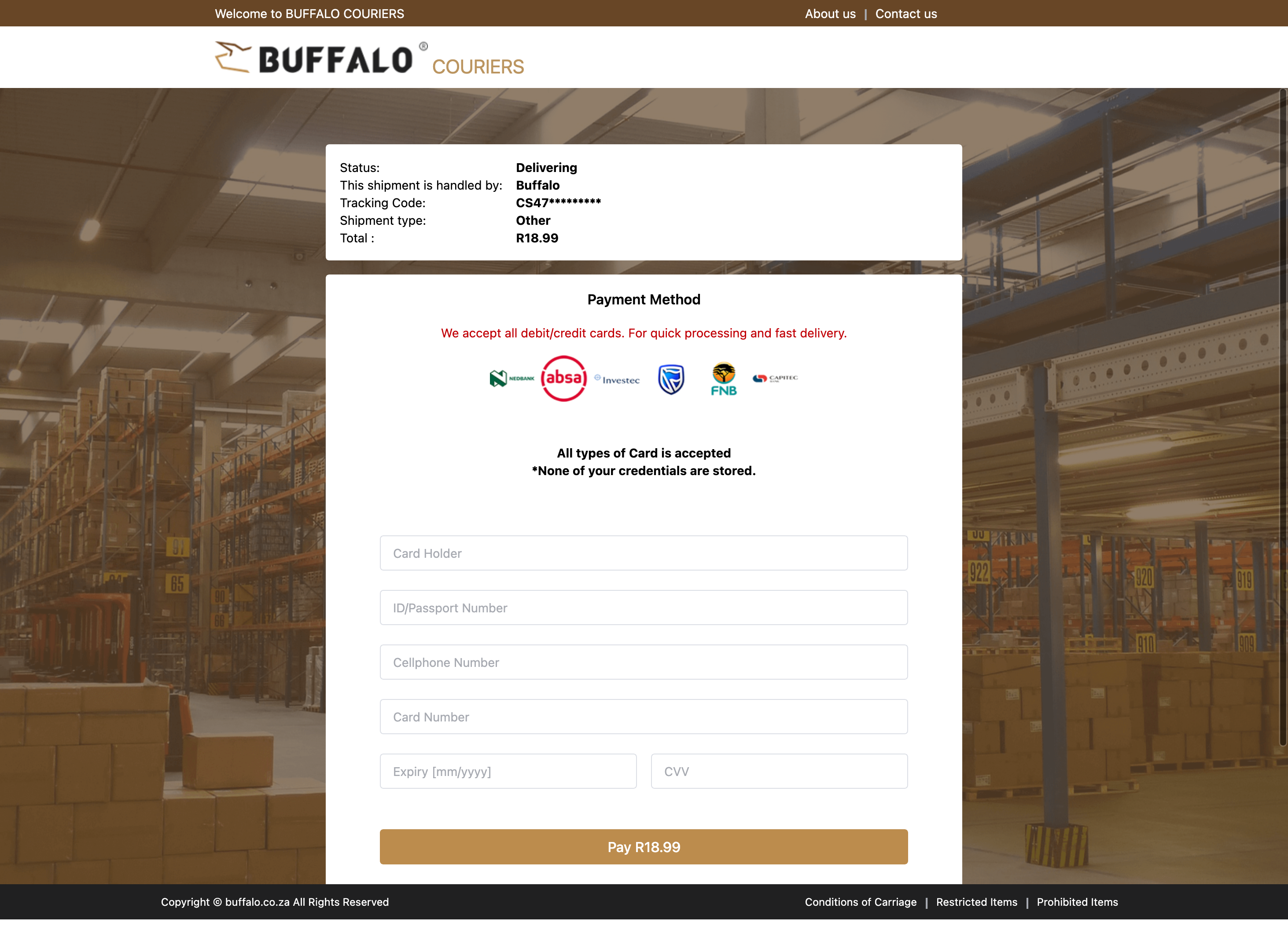 Buffalo Couriers delivery-fee page harvests card and identity details