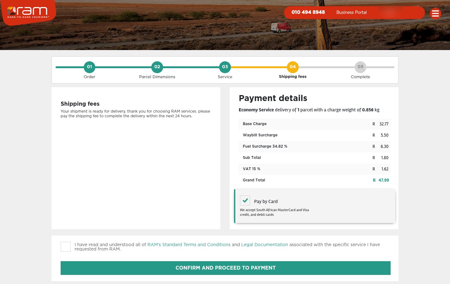 Fake RAM courier page that asks you to pay a shipping fee by card example