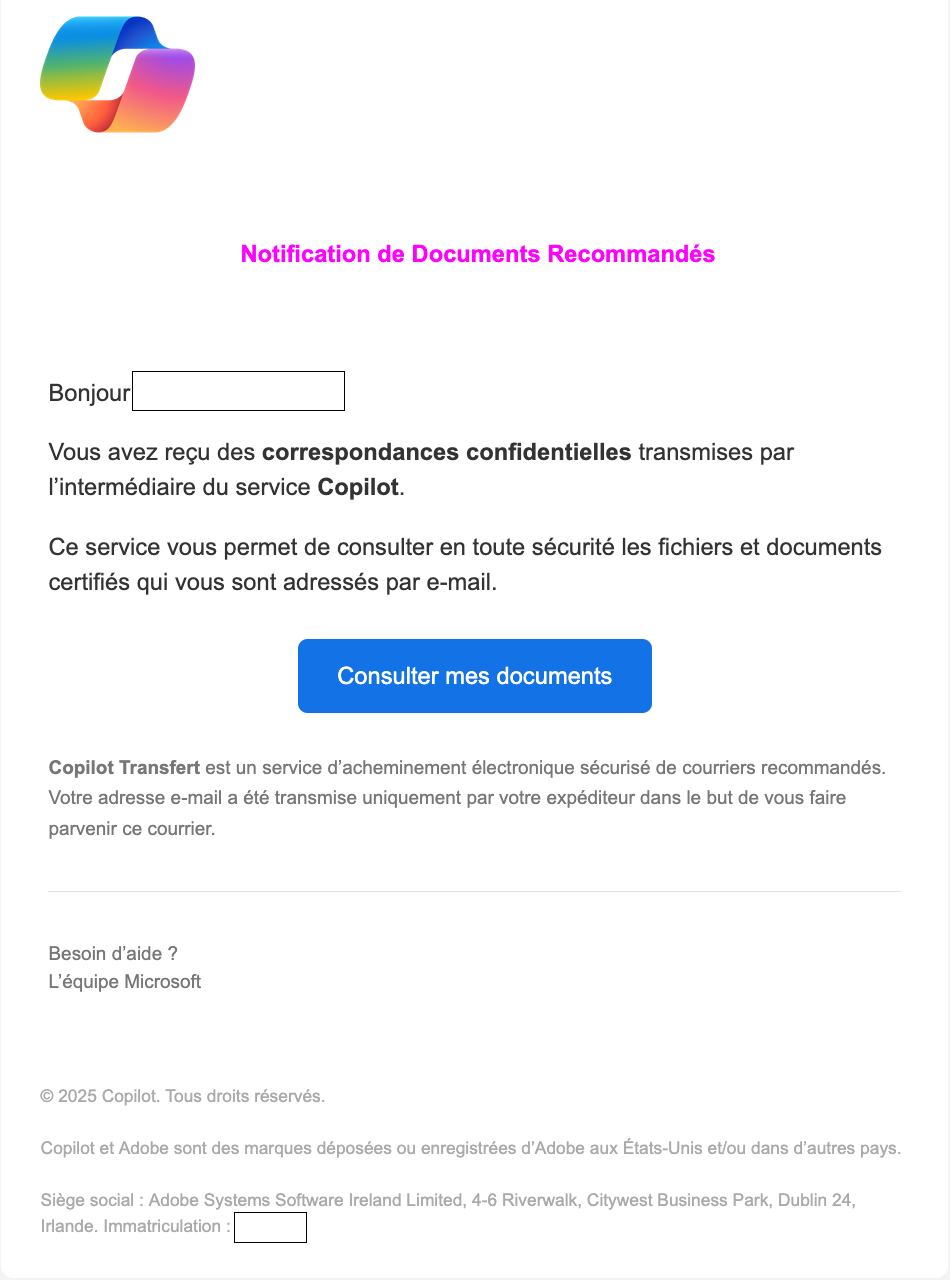 Fake Copilot Secure Document Notification Email (French & English)