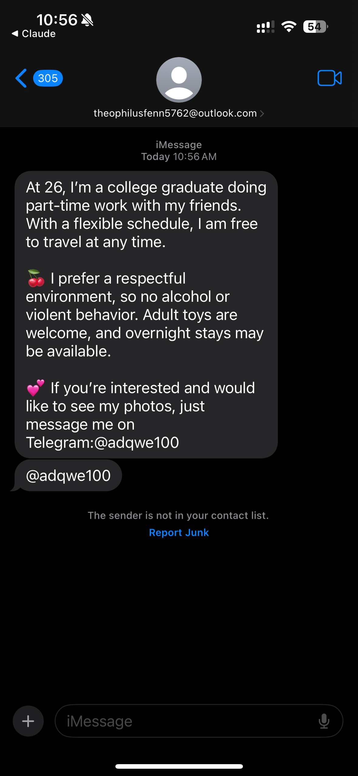 Unsolicited 'Companion'/Escort Text That Pivots to Telegram