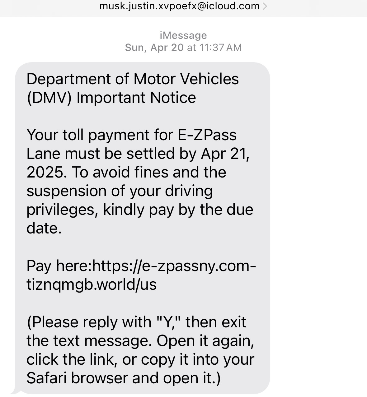 E-ZPass/DMV Toll Text Payment Scam example