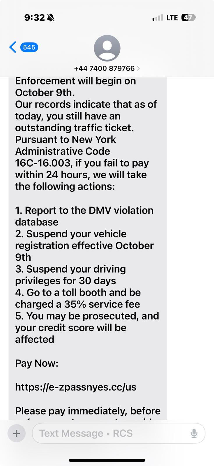 NY DMV/E‑ZPass unpaid ticket text