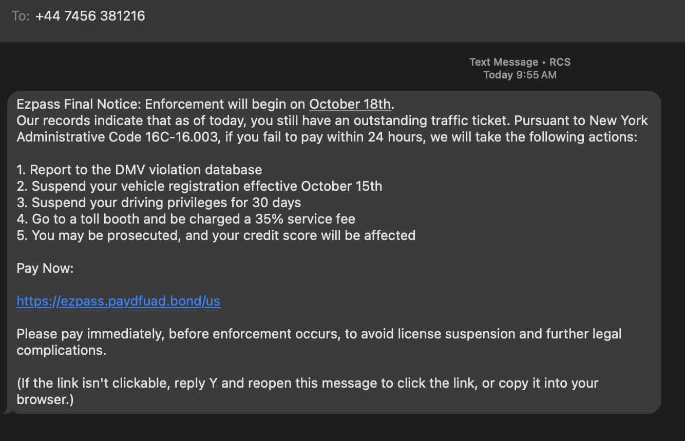 EZPass DMV Final Notice text threatening license suspension
