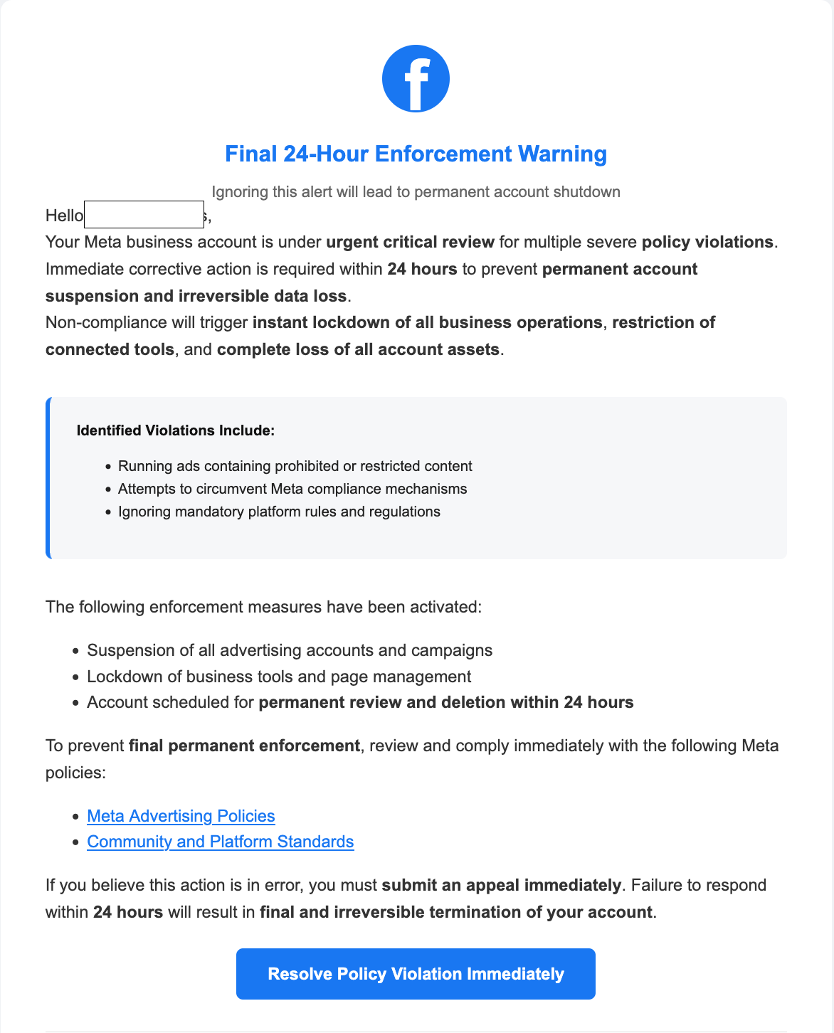 Your meta business account is under urgent critical review for policy violations scam