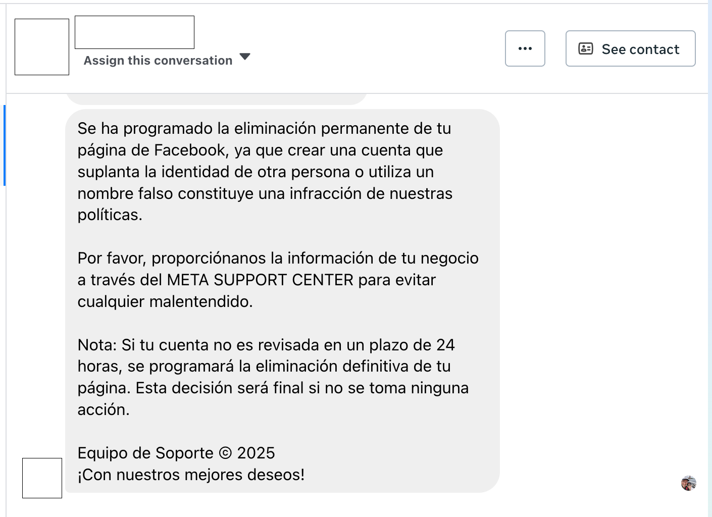 Spanish ‘Permanent Deletion’ Notice sent from Compromised Facebook Accounts