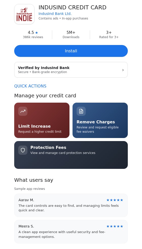 Fake IndusInd credit card app listing with limit increase and protection fee buttons example