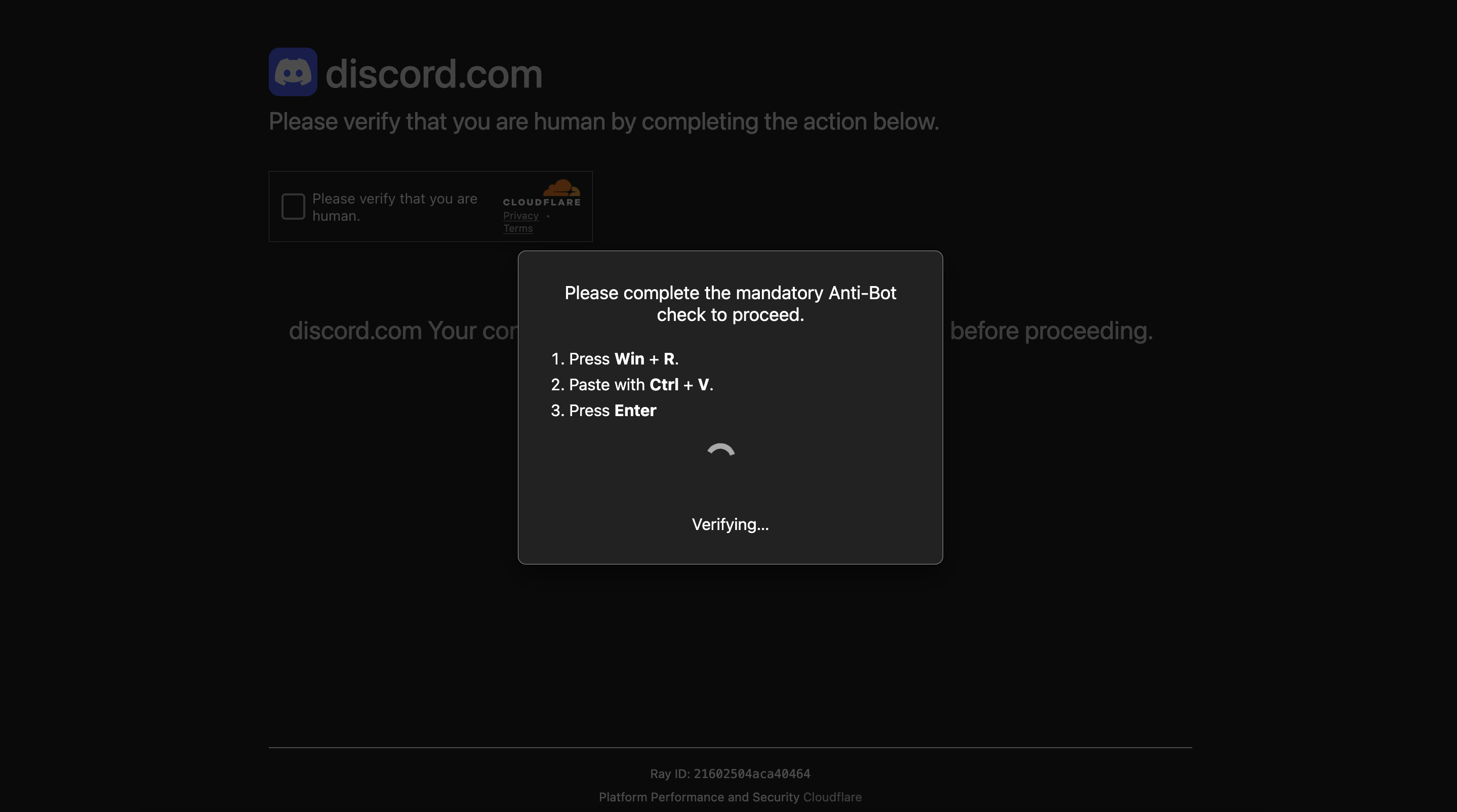 Fake Discord Cloudflare Verification Malware Scam example