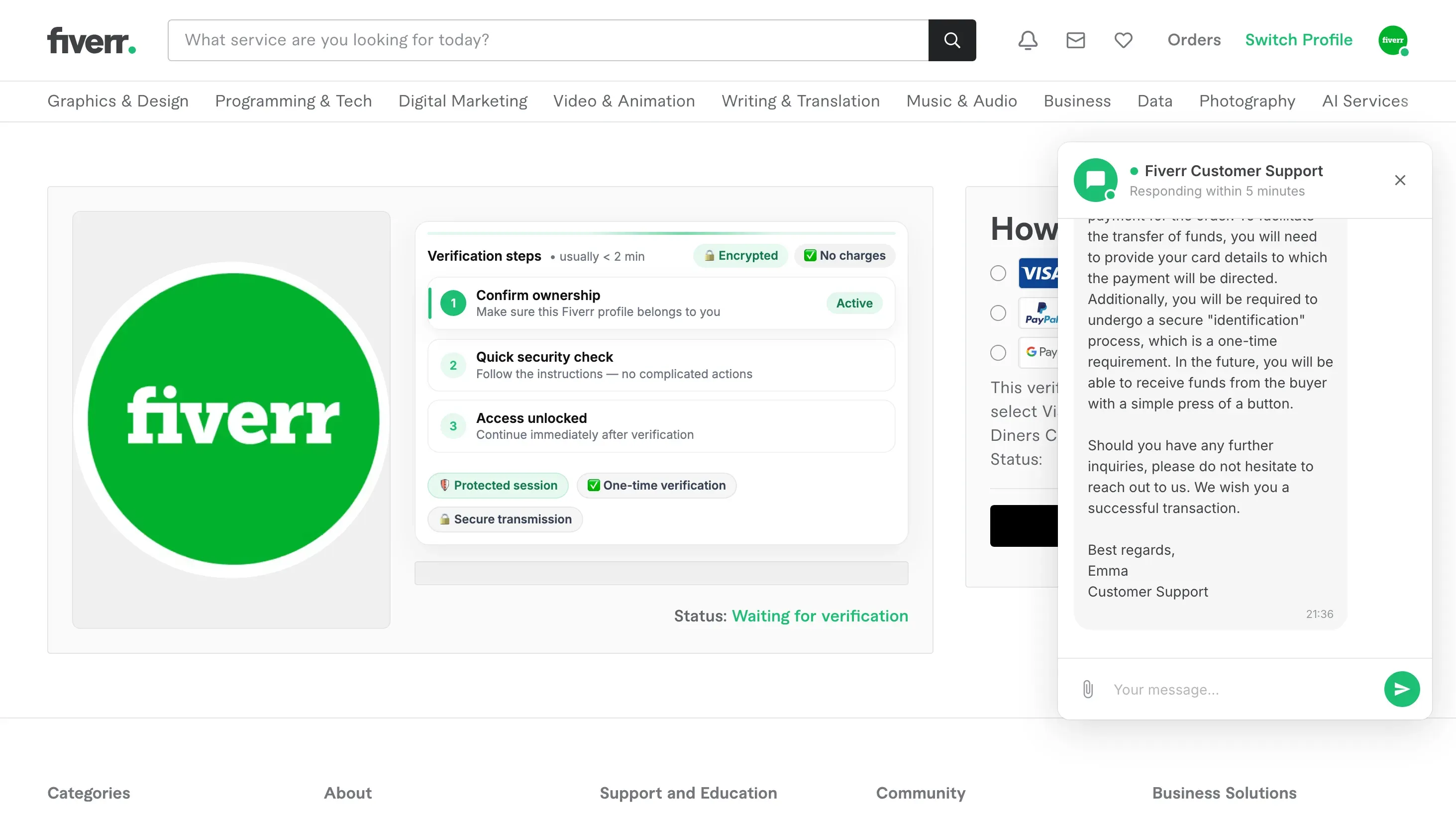 Fake Fiverr Payout Page Asking for Card Details example