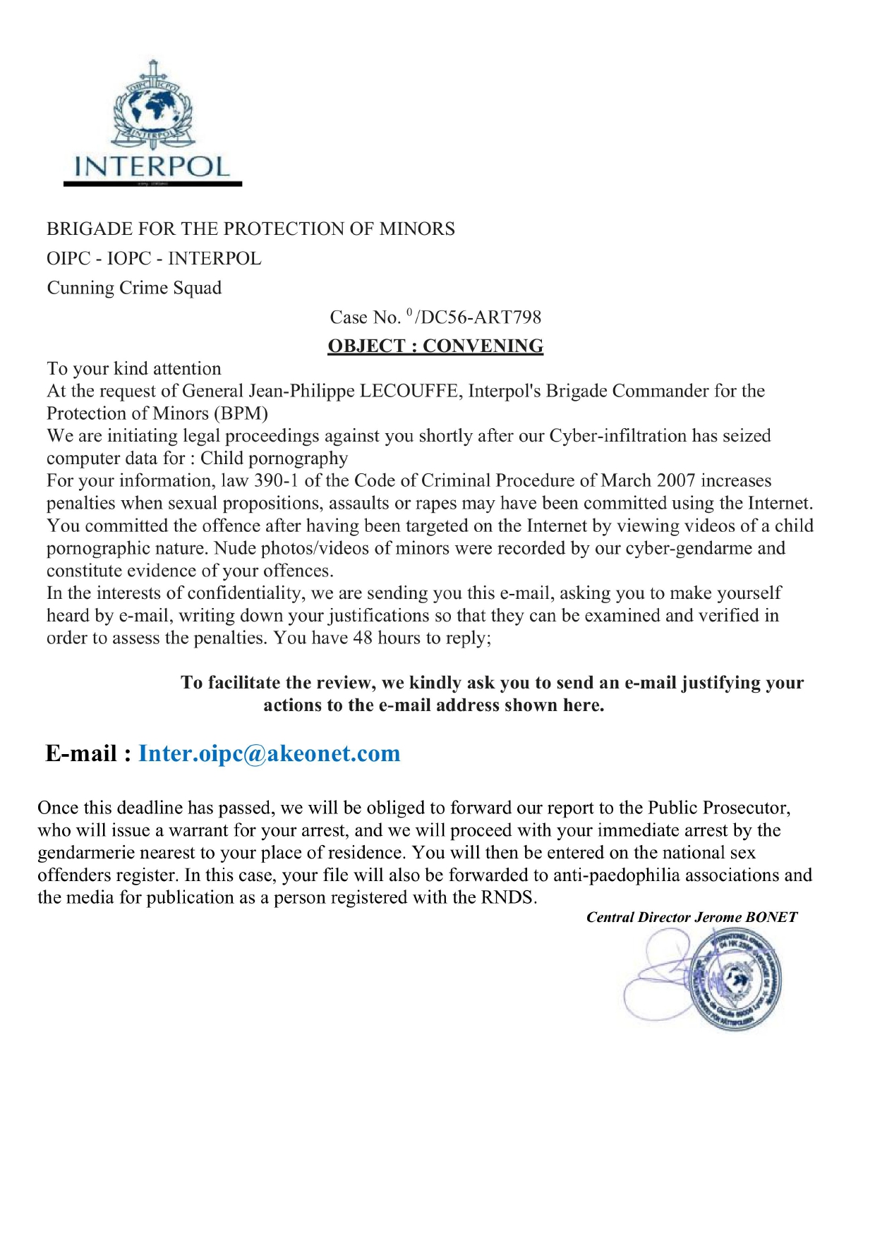 Fake Interpol Email Extortion example
