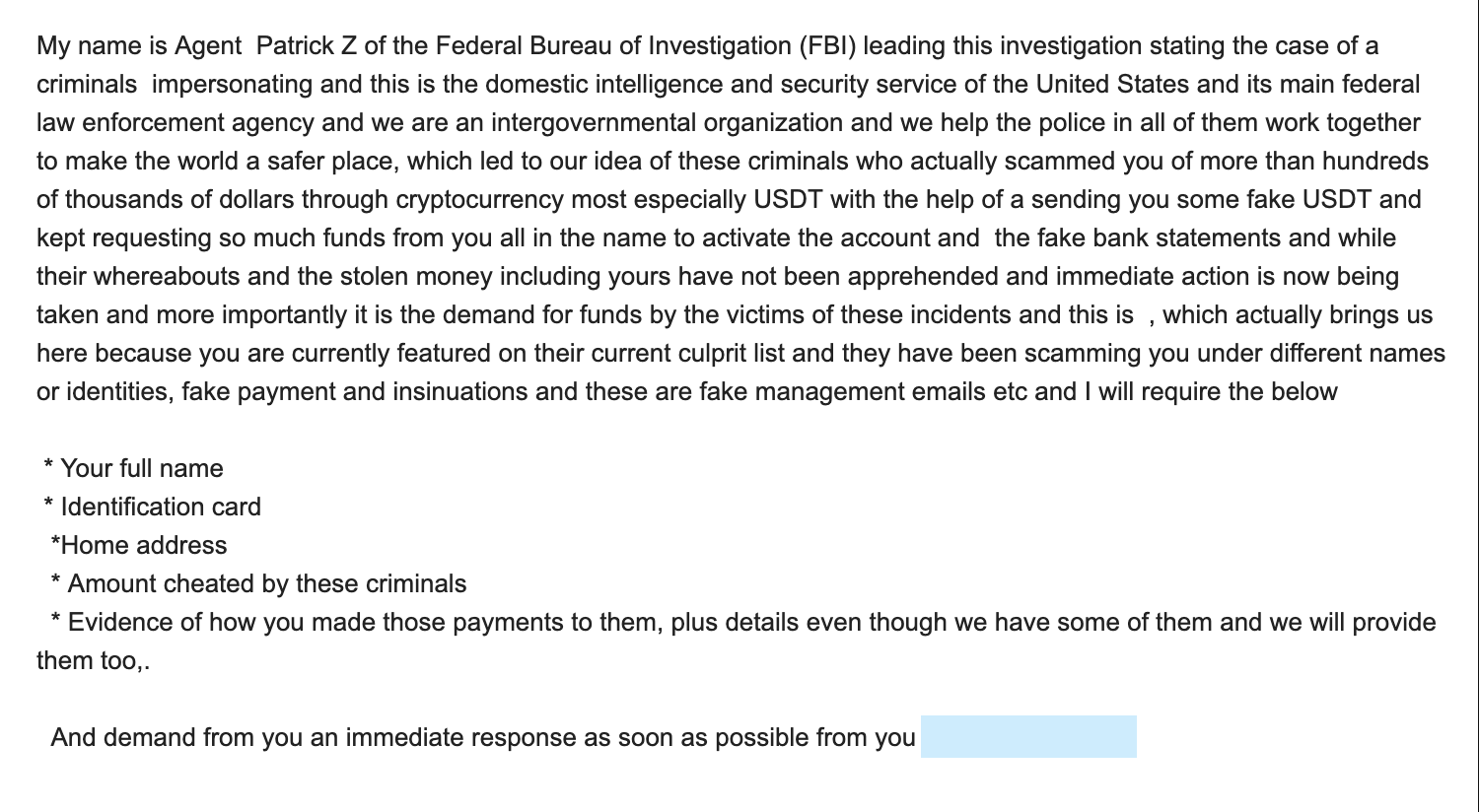 FBI Email Warning: Criminals Using Your Name in Crypto Scam