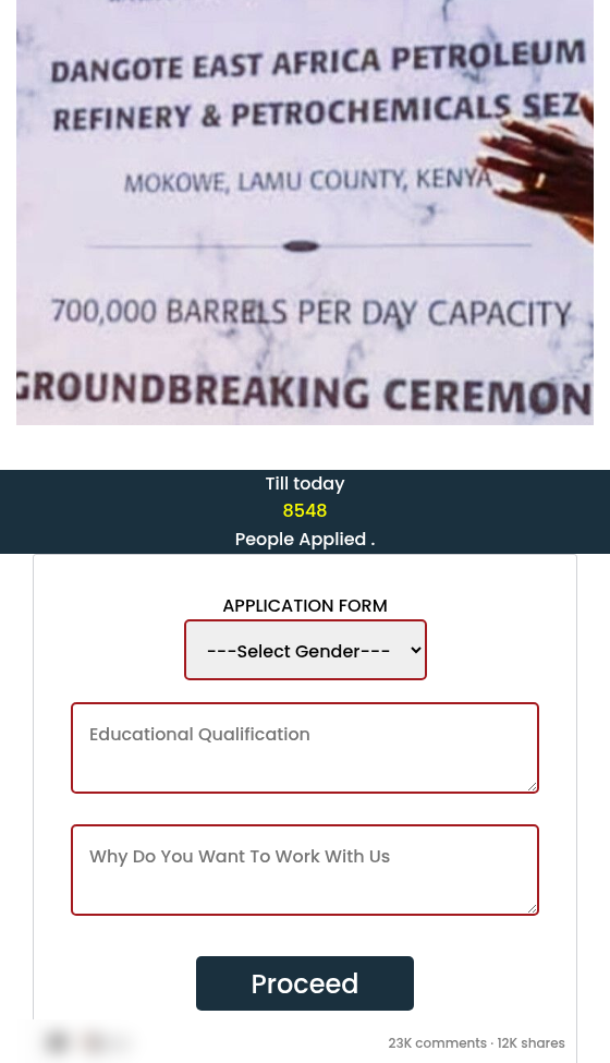Fake Dangote refinery learnership application that asks you to share on WhatsApp example