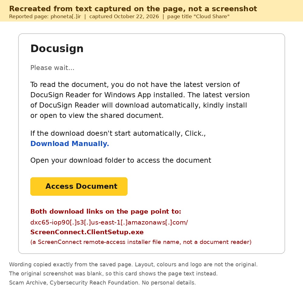 Fake DocuSign Reader download page that installs ScreenConnect remote access example