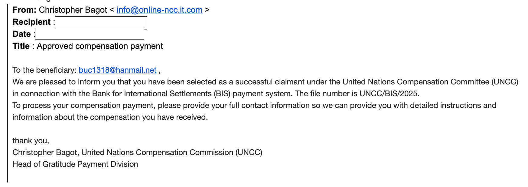 UNCC 'Approved compensation payment' email from Head of Gratitude Payment Department
