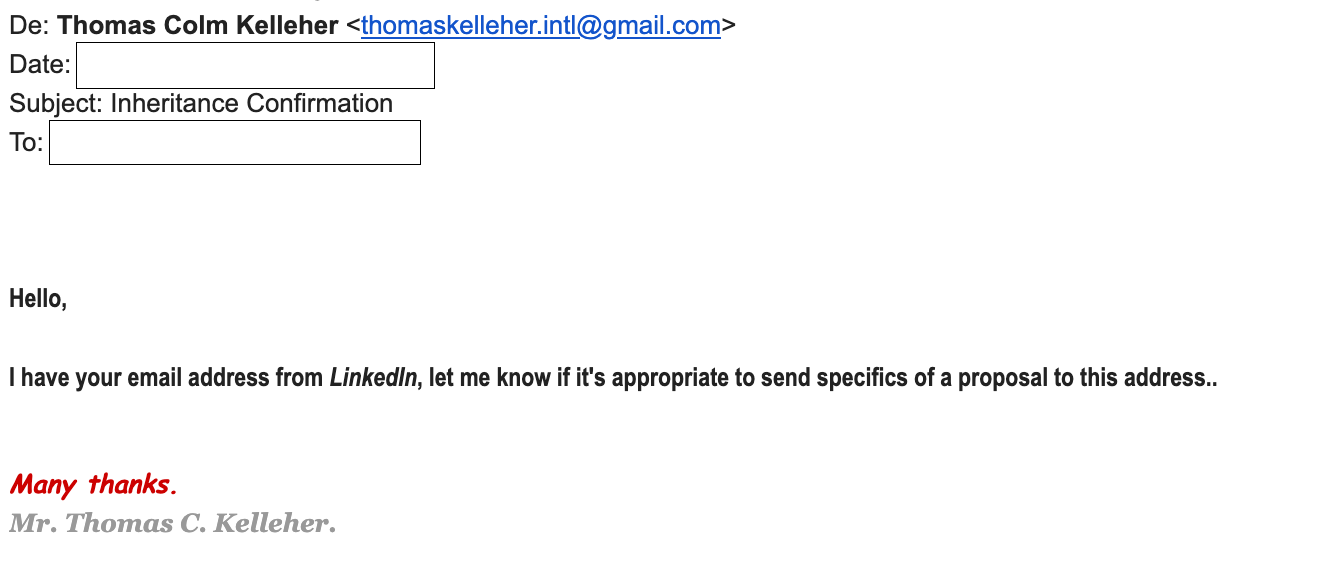 'Inheritance Confirmation' email from Thomas Kelleher (Gmail) saying he found me on LinkedIn