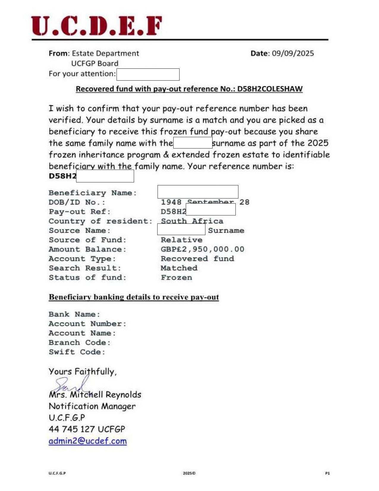 Inheritance/Prize Pay‑Out Banking Details Scam