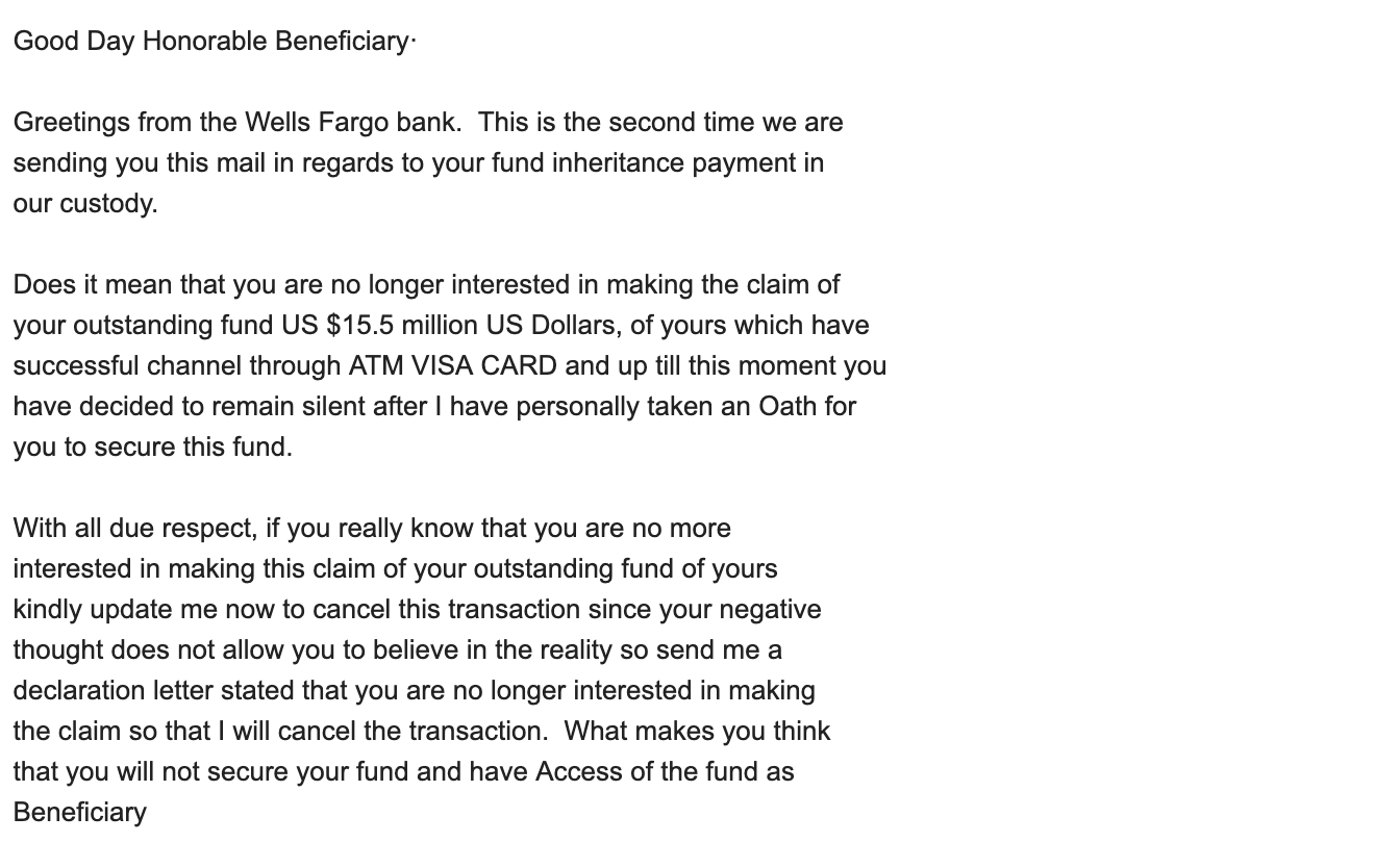 Wells Fargo 'Inheritance Payment' Scam