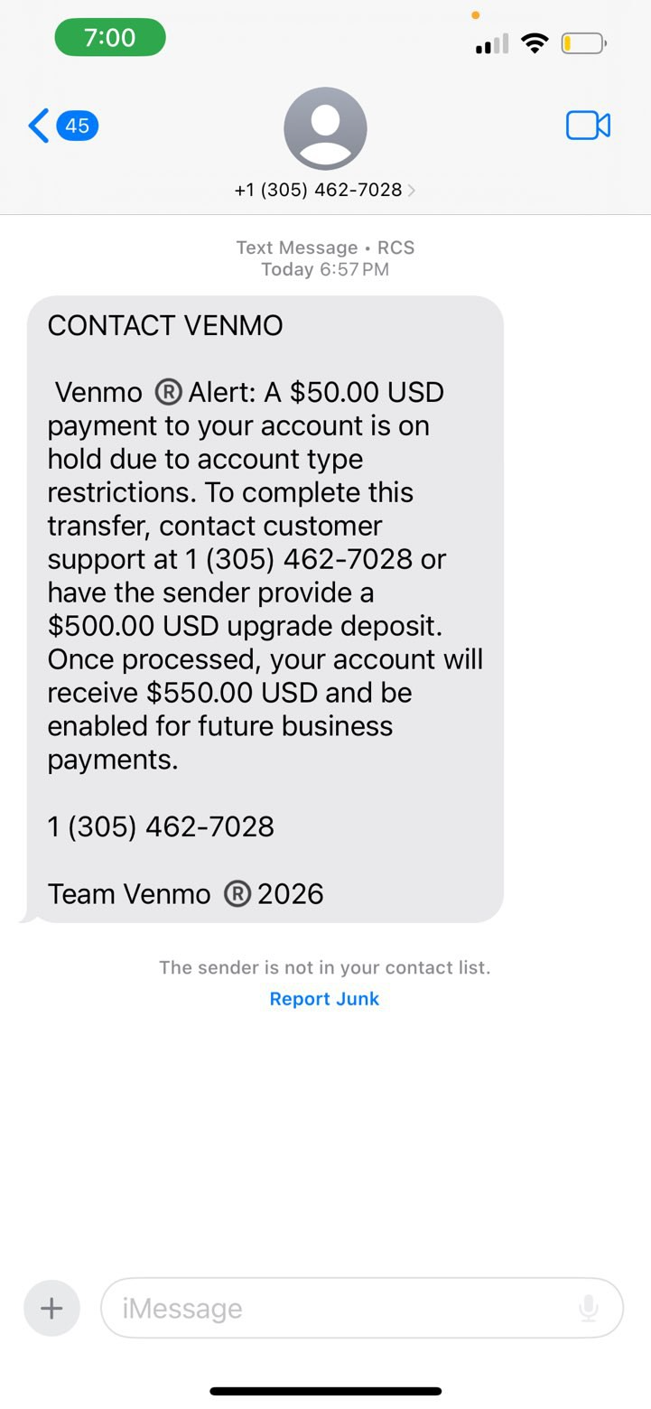 Venmo $50 Payment On Hold Text Asking for $500 Upgrade Deposit