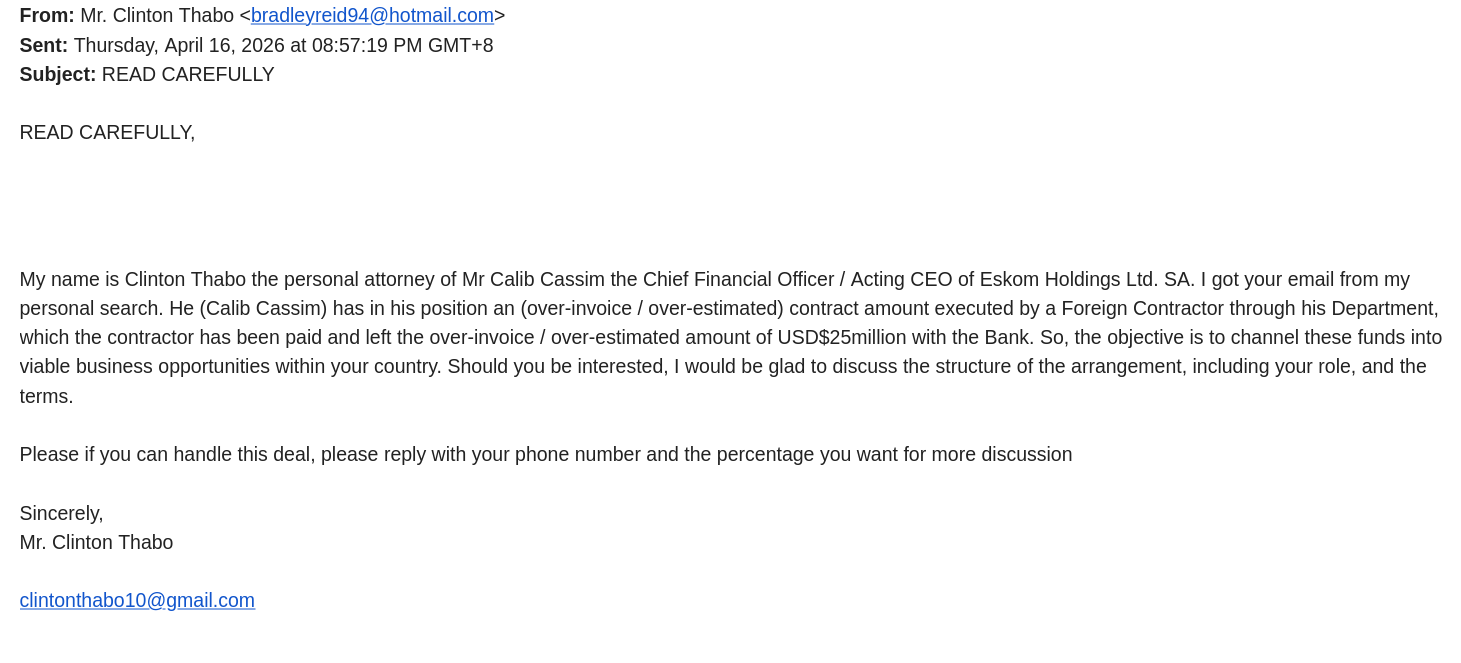 Over-Invoiced Contract Funds Transfer Scam