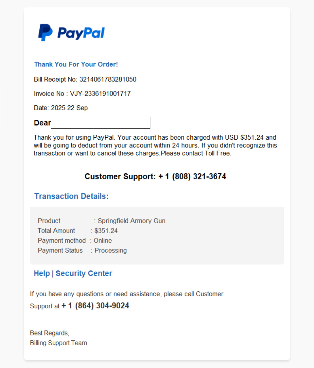 PayPal Invoice Refund Scam example