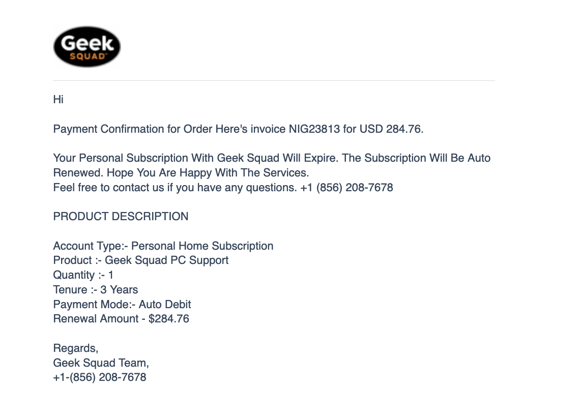 Geek Squad Auto Renewal Invoice Email with Phone Number