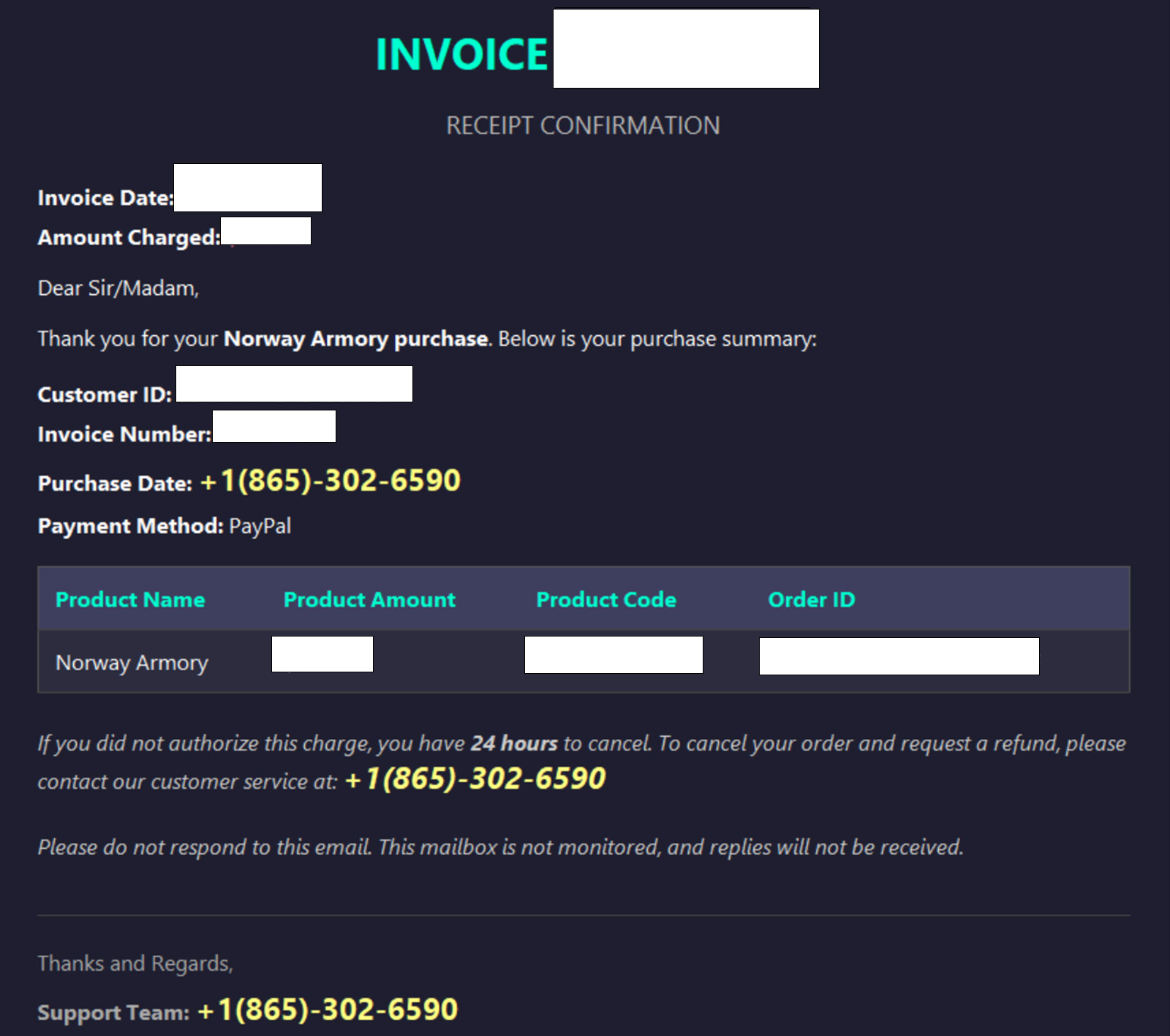 Norway Armory Purchase PayPal Invoice Callback Scam
