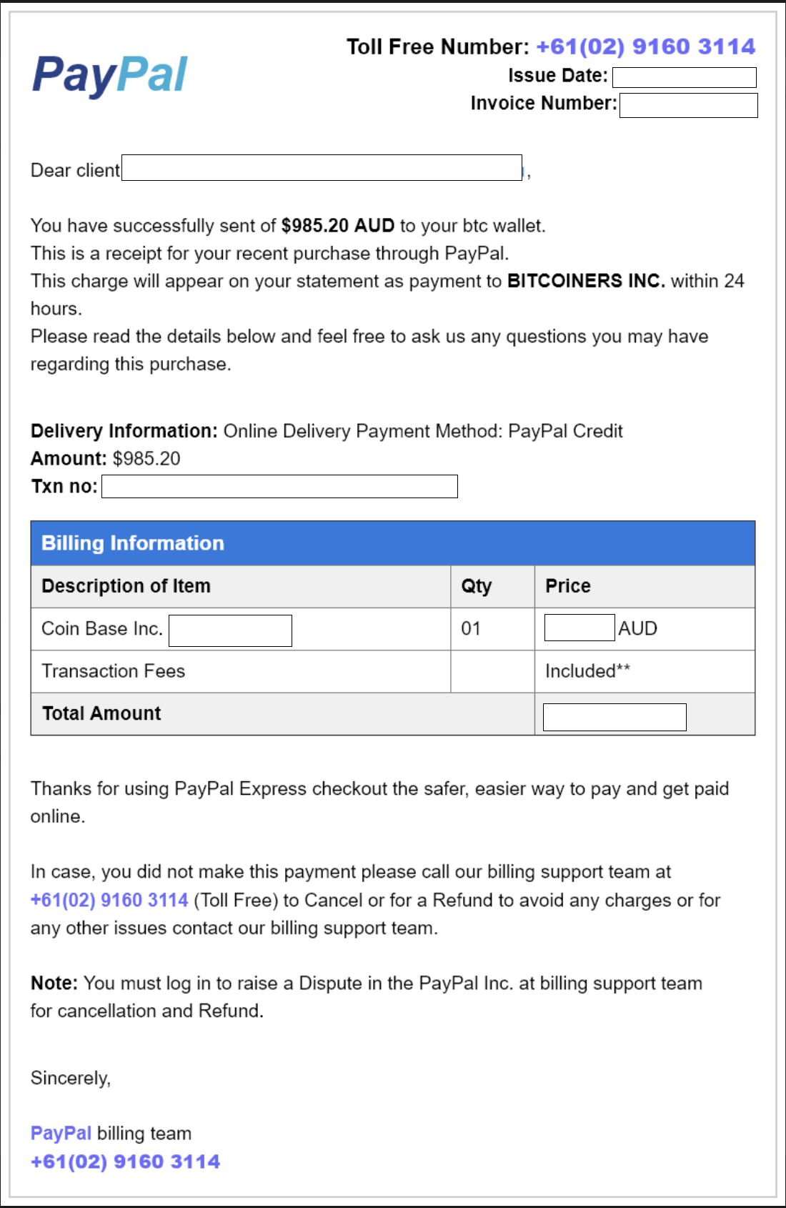 PayPal Fake Bitcoin Purchase Invoice Coinbase Scam