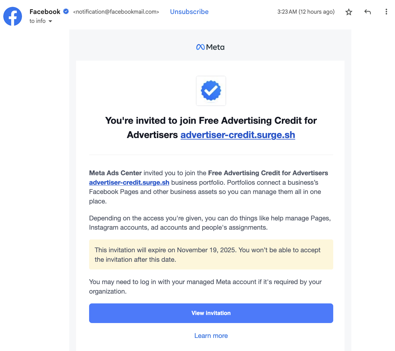 Phishing Attacks Using Real Company Notifications example