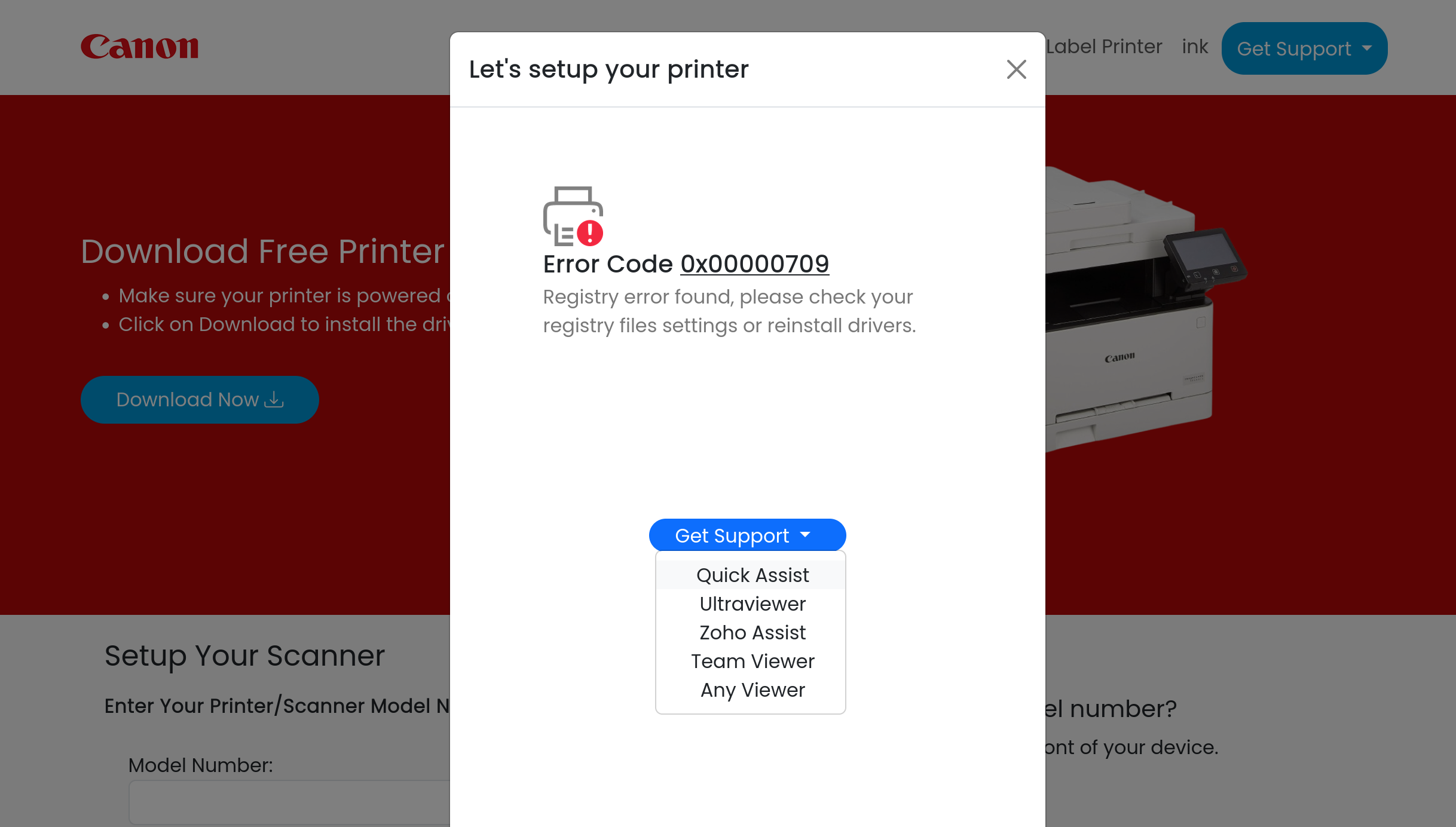 Canon printer support page on myprinter[.]live offers remote-access tools