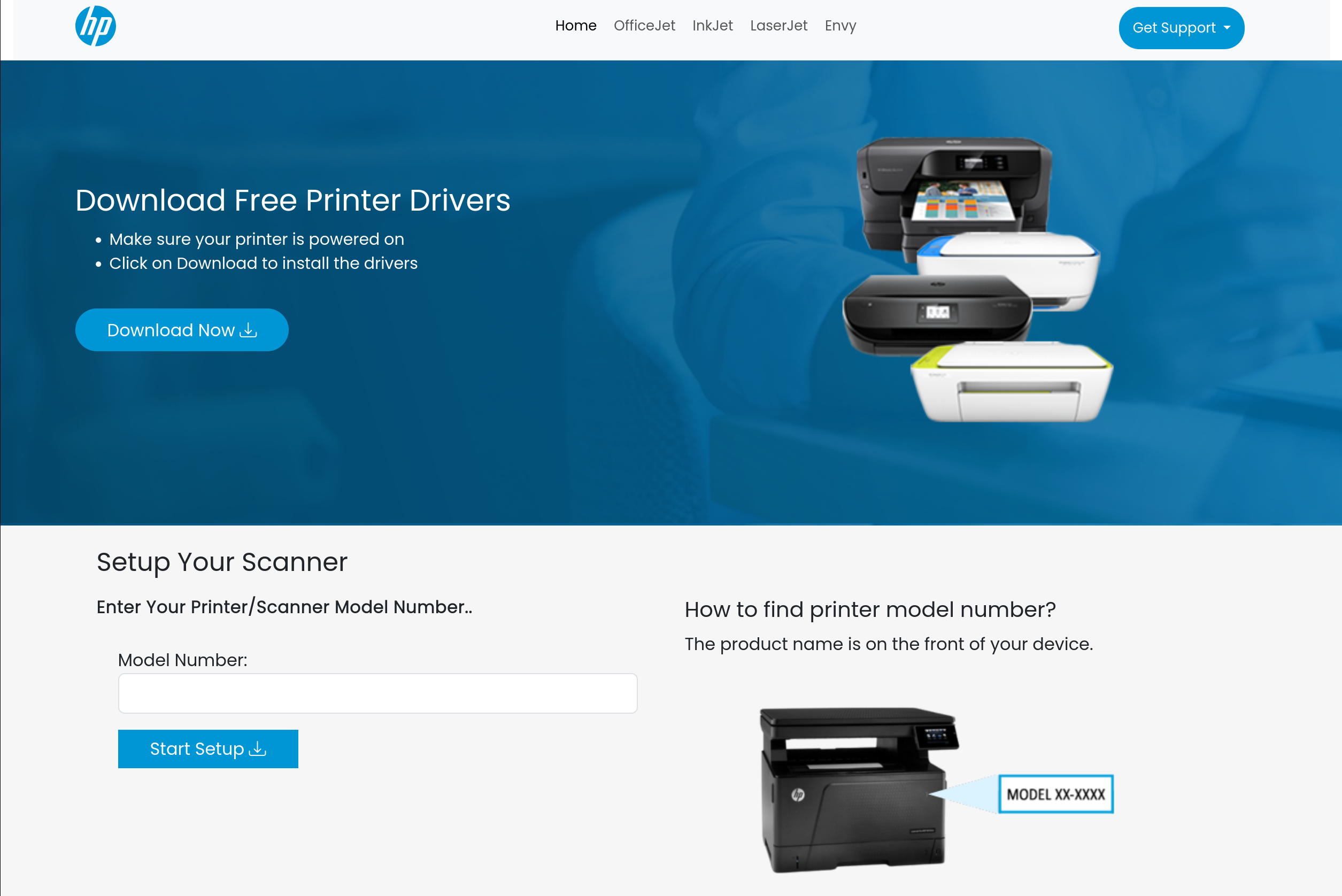 HP printer driver download page using the same myprinter[.]live layout