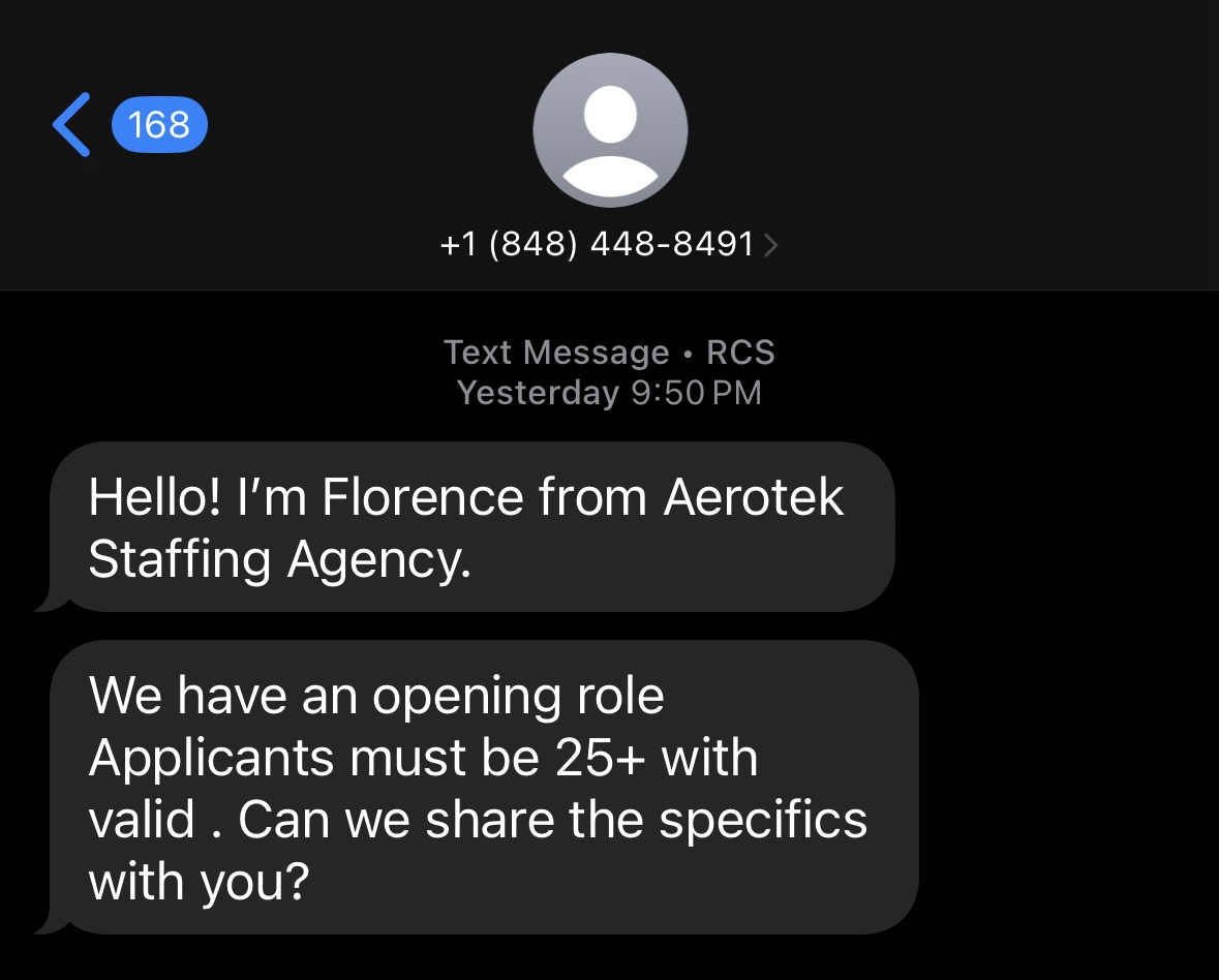 Aerotek Staffing Agency Job Offer Text Message