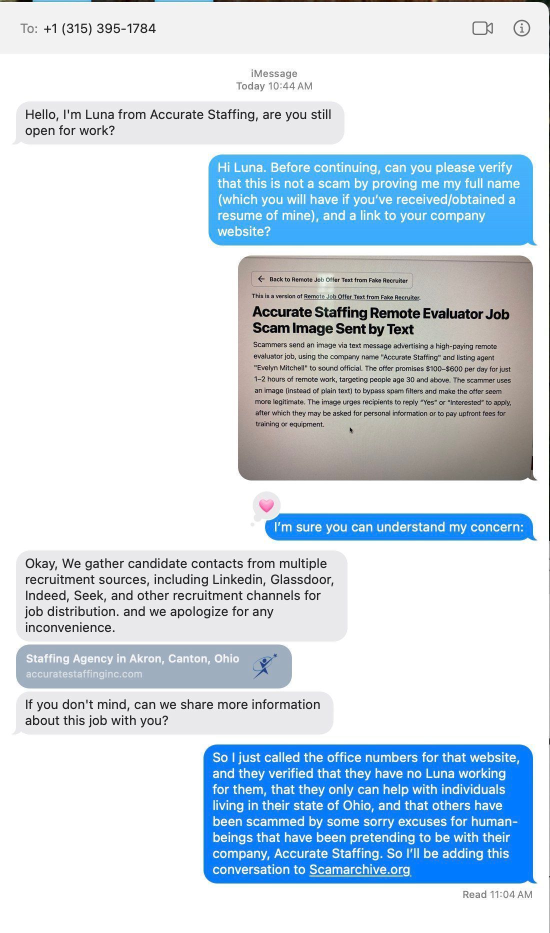"Are you still open for work" Accurate Staffing Job Text | Screenshot