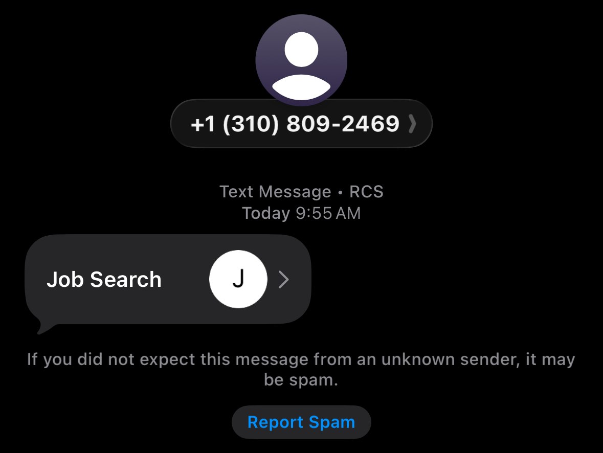 Fake Amazon recruiter text sent as a contact card with the job pitch hidden in the notes | Screenshot 2