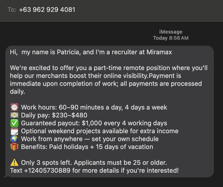 Miramax part-time remote job text promising $230–$480/day