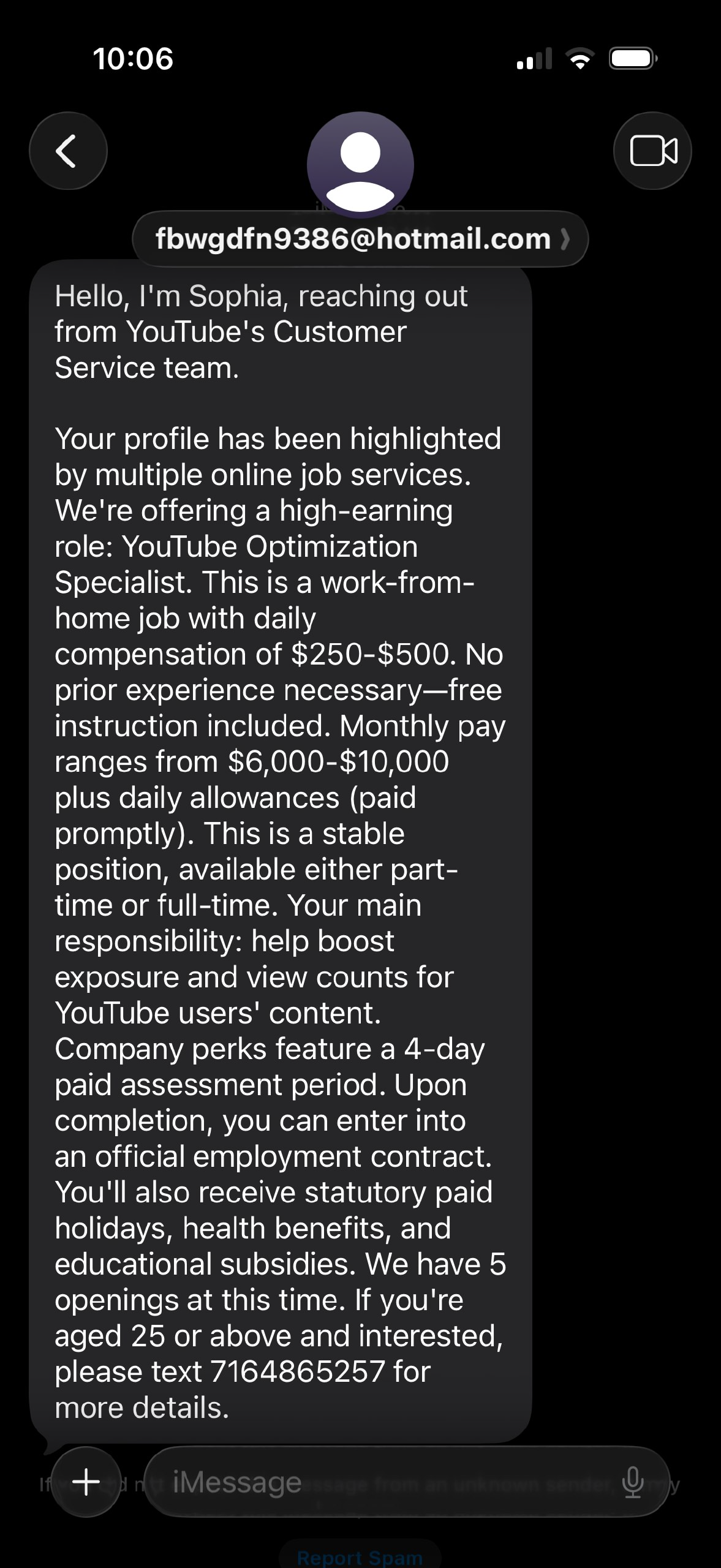 YouTube Optimization Specialist Text from Sophia