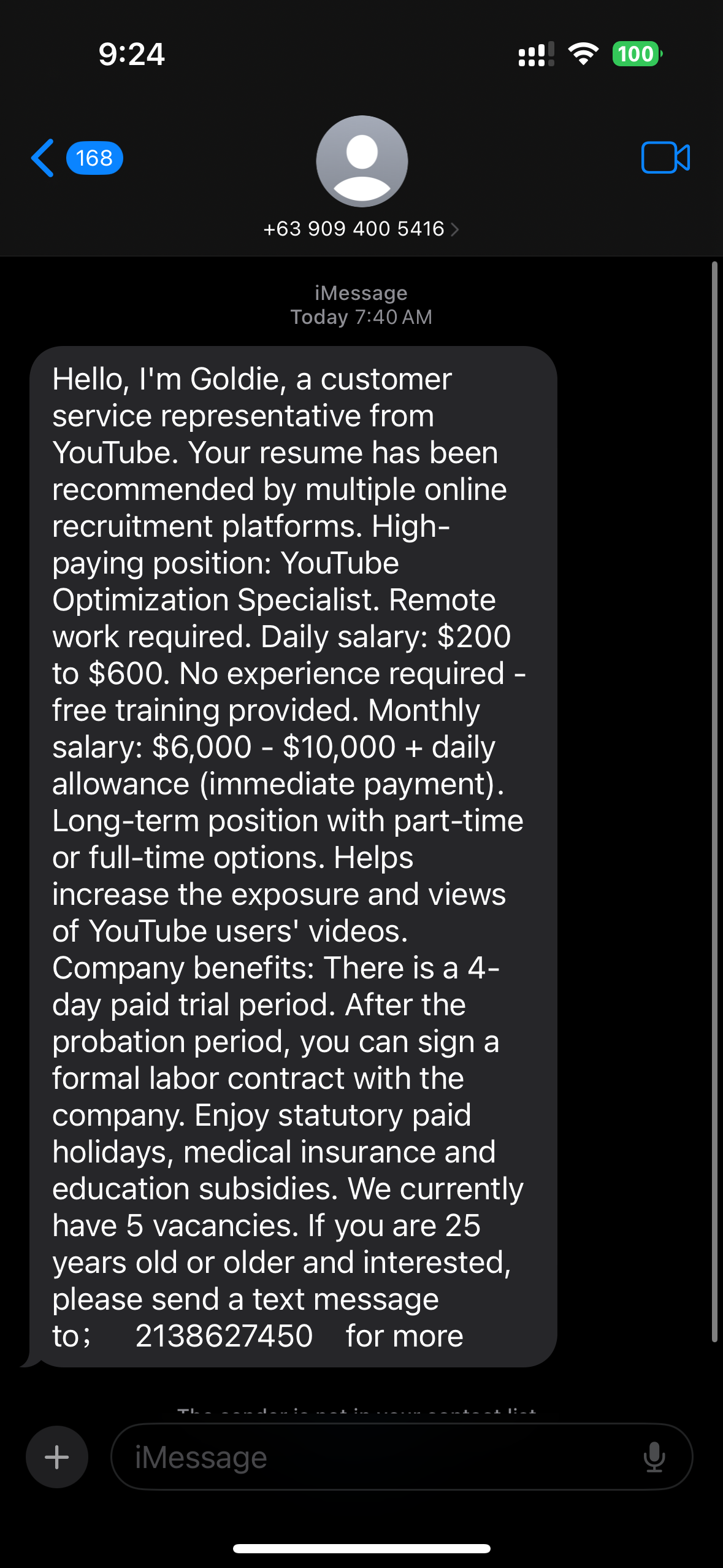 YouTube Optimization Specialist Job Offer Text Message