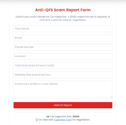 Fake Quantum Financial System scam report form that charges a $1000 CIA inspection fee
