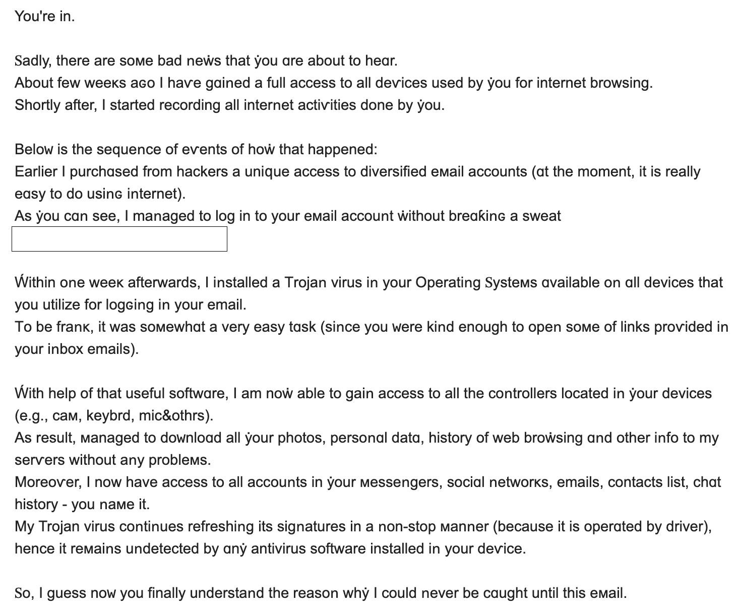 Email Says Hacker Recorded You on Webcam (Sextortion) example