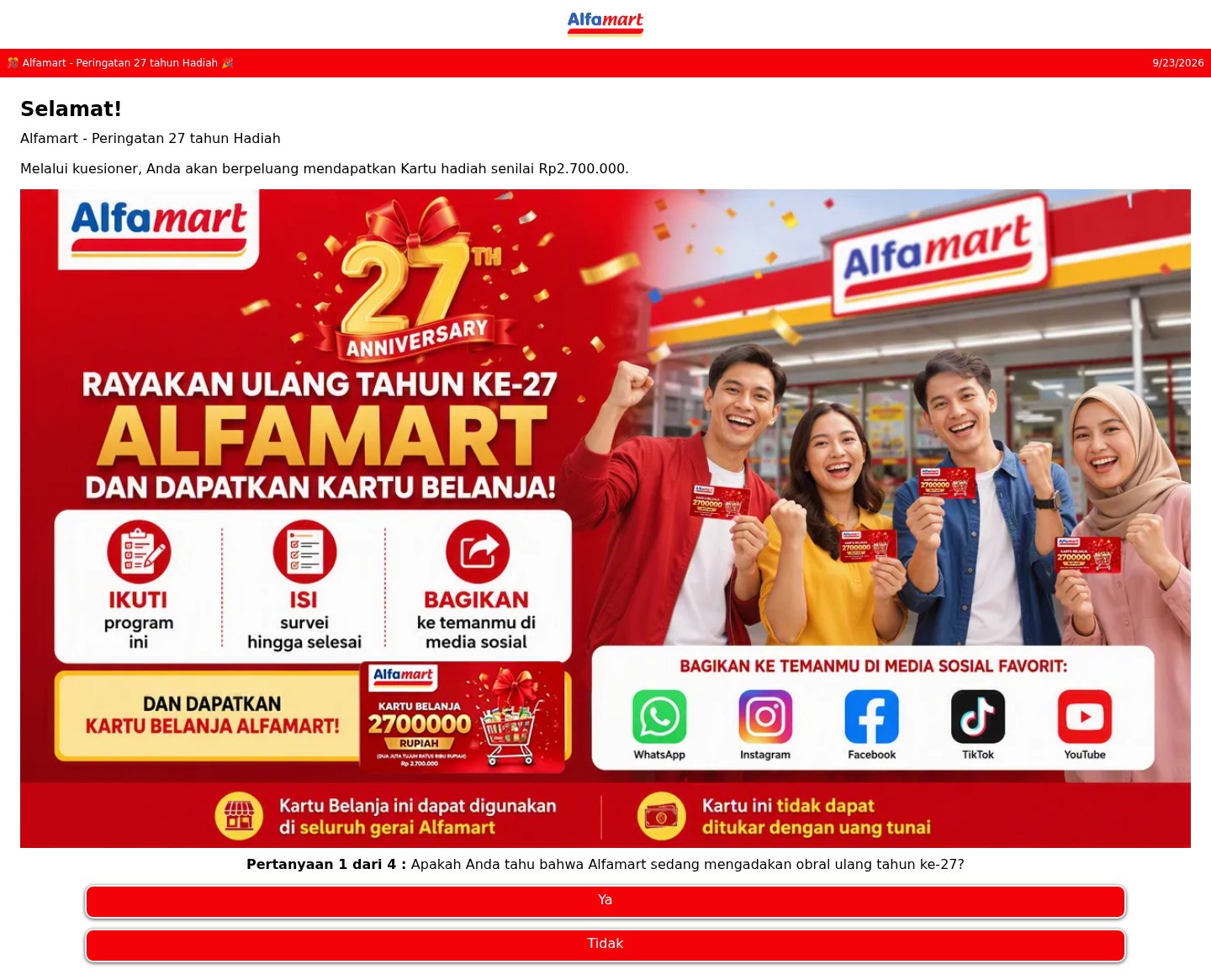 Fake Alfamart shopping card quiz that asks you to share it on social media