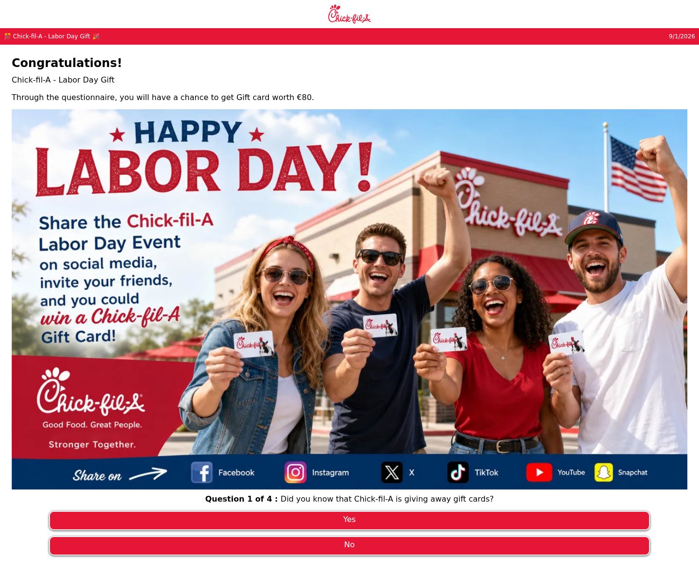 Fake Chick-fil-A Labor Day gift card quiz that asks you to share it on social media