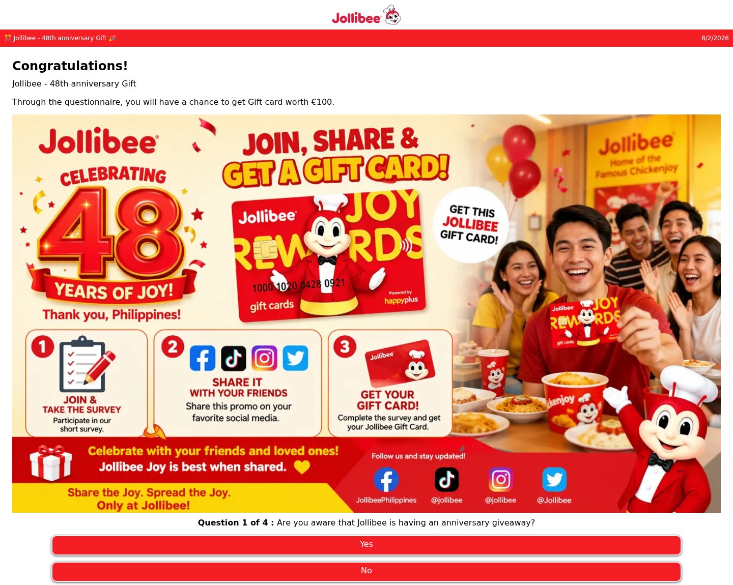 Fake Jollibee 48th anniversary gift card quiz that asks you to share the promo
