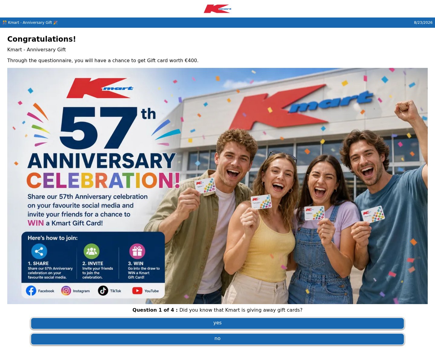 Fake Kmart 57th anniversary gift card quiz that asks you to share and invite friends